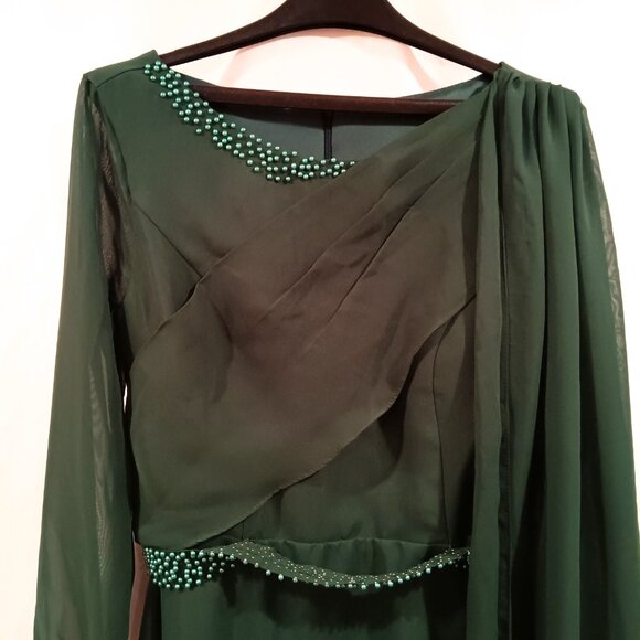 Dress Size 12 A-Line Maxi Dark Green Color Long Sleeves Beaded Sheer Scarf - Picture 3 of 4